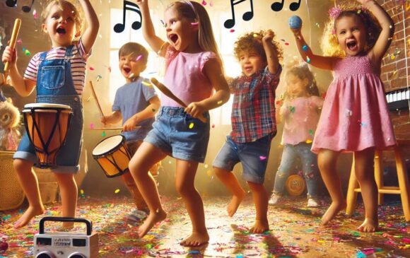 A_vibrant_and_energetic_children's_music_party_sce